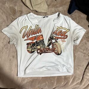 Fashion Nova White Crop Top with Orange Motorcycle Graphic